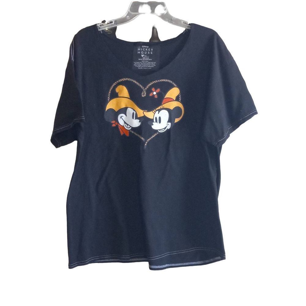Women's Disney Cowboy Mickey & Minnie Short Sleeve Black Tee Shirt One Size f17